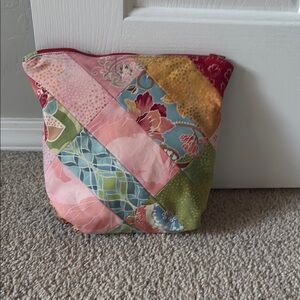 Hand Crafted Red and Pink Cosmetic Bag with Unique Patchwork Design
